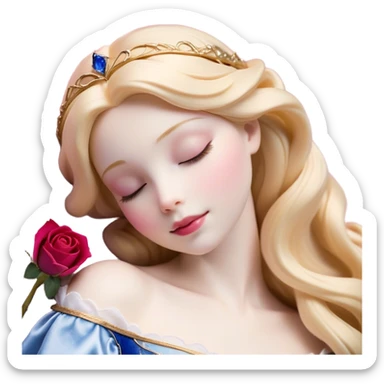 Cinematic Realistic Sleeping Beauty (Aurora) Portrait, with porcelain-like skin featuring a natural rosy flush, illuminated by soft lighting that highlights the gentle contours of her face. Her golden blonde hair flows in soft, detailed waves with subtle highlights that shimmer in the light. Her deep violet-blue eyes radiate warmth and innocence, framed by arched brows and long lashes. With a soft, serene smile, she holds a delicate rose gently in one hand, her other hand resting lightly by her side. She is dressed in her classic pink gown, the fabric rich in texture with delicate folds that catch the light. A golden crown rests atop her head, gleaming with royal refinement. The portrait captures a soft, glowing aura, blending realism with an ethereal sense of beauty and timeless enchantment. sticker