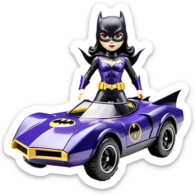 scale racing sexy fitted Batgirl’s buxom heroically armored midnight-colored tight outfit 1970’s tv style dark knight stealthy accurate sporty safe plush deluxe off-road pursuit drifting F1 town car (to-scale model with black hair, shoulders back against the drivers seat) rally vehicle  sticker