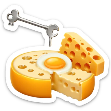 Ethereal vitamin K2 appearing as a golden key floating among pieces of aged cheese, egg yolk, and fermented natto. The key directs glowing calcium particles toward a single bone with a bright golden deposition point, illustrating K2's targeted calcium-directing function. sticker