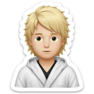 Create a blond boy with long, messy hair, light eyes, a white t-shirt, rich, with long hair, blue eyes, medium-length, voluminous hair, wearing a black Nike bathrobe and a little blush near his nose. and with a balaclava sticker