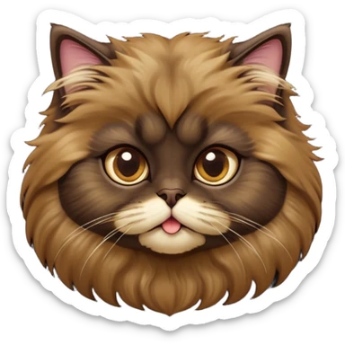 Cinematic Adorable Big-Eyed Fluffy Dark Brown Persian Cat Portrait Emoji, Head tilted playfully with a sweet expression, fluffy dark brown fur with rich caramel and gold undertones, Simplified yet irresistibly cute features with large, expressive eyes, highly detailed, glowing with a warm and gentle glow, high shine, a mix of affectionate and curious, stylized with a touch of whimsy, bright and full of charm, soft glowing outline, capturing the essence of a fluffy, loving kitty with oversized eyes, so endearing it feels like it could leap out of the screen and cuddle with you instantly! sticker