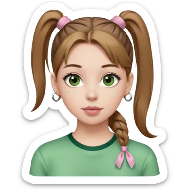 create an emoji of a young woman. She has a nice look, with long light brown hair in a single ponytail with a hair tie, dark green eyes, pale skin, natural soft pink lips. she wears a green y2k top sticker