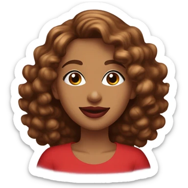 Light brown lady smiling, medium brown long curly hair, bright red lips, eyelashes, wearing red “happy Valentine’s Day” t shirt sticker