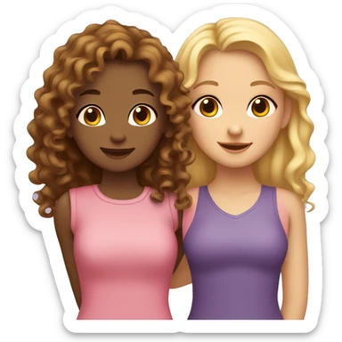 One girl withe brown curly hair and another girl with straight blonde hair hugging each other sticker