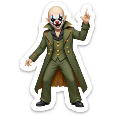 evil clown, bald, small black horns on forehead, fangs, pointed ears, eye patch over one eye, long coat over black and military green leisure suit with bellbottom pants, realistically proportioned, less bulky, full body, battle-ready, fighting posture sticker