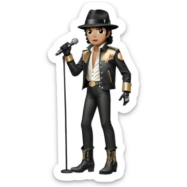 Michael Jackson on stage with microphone on the stand in full body, wearing his iconic concert costume—black leather jacket, sequined glove, fedora, and boots. He strikes a powerful pose, embodying the energy of R&B music. Transparent background. sticker