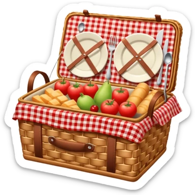 Picnic basket with red checkered cloth and filled with delicacies sticker