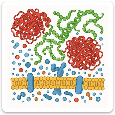 Ultra-realistic scientific illustration of enzymatic starch digestion at the cellular level, rendered in textbook-accurate detail. Show:

Multiple amylase enzyme molecules (red, with clear tertiary structure showing alpha-helices and beta-sheets) actively cleaving
Starch polymers (green amylose/amylopectin with accurate glucose unit linkages - α(1→4) and α(1→6) branches)
Cell membrane segment (yellow phospholipid bilayer with integral proteins and cholesterol molecules)
Reaction environment (blue water molecules, ionic interactions, pH-sensitive groups)
Molecular interactions (hydrogen bonds, substrate-enzyme transition state, electron cloud textures)
Technical Specifications:

Background: Pure white (#FFFFFF)
Accuracy: PDB-level structural correctness (reference 1SMD for amylase)
Exclusions: No labels
Special Details to Include:

Catalytic triad (Asp197, Glu233, Asp300) in amylase active site
Starch helix distortion during hydrolysis
Membrane protein channels for glucose transport sticker