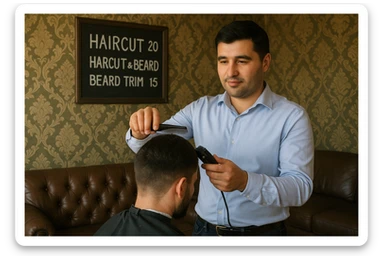 Draw me a picture of a barbershop that looks like this guy working in a barbershop. The barbershop doesn't have to be very modern. It should be on a medium floor. Also draw a blackboard on the wall. It should have the prices for haircuts there. sticker
