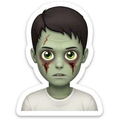 Um garoto zombie de cabelo castanho escuro, quase preto, com um cabelo médio, com olhos castanhos esverdeados, de camisa branca sticker