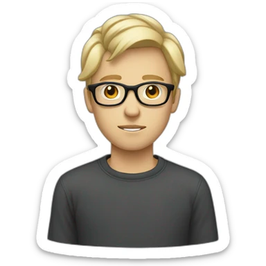 thin white teenager with blond hair.  He is cross-eyed and wears black glasses.  he has a triangular shaped head.  he's also wearing a gray sweater sticker