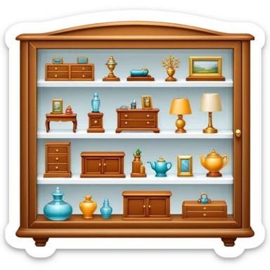 Icon for Miniature Collecting: a collection of finely detailed miniature items such as tiny figurines, furniture, and accessories, neatly displayed on a shelf or in a display case. The icon should convey the intricacy and charm of collecting miniature objects. Transparent background. sticker
