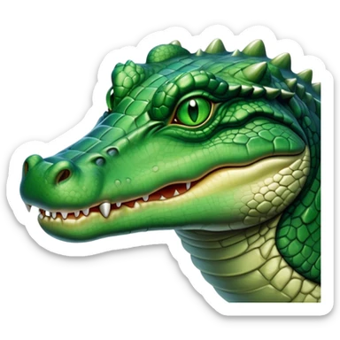 Cinematic Noble Crocodile Portrait Emoji, Poised and regal, with a powerful, elongated build and a rugged, scaly emerald-green hide, piercing cold eyes, Simplified yet sharp and sophisticated features, highly detailed, glowing with a soft, dignified glow, high shine, intelligent and formidable, stylized with an air of ancient might, focused and attentive, soft glowing outline, capturing the essence of a watchful and commanding reptile, so majestic it feels as though it could silently slide out of the screen with effortless authority! sticker