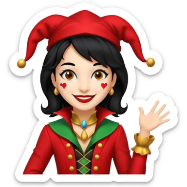 Jester girl, black and red suit, black hair, harley quinn sticker