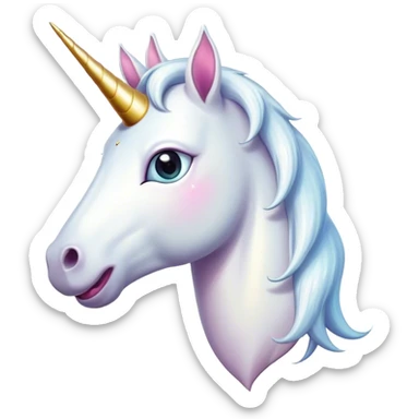 Cinematic Comical White Unicorn Portrait Emoji, Head tilted dramatically with an exaggeratedly amused expression, featuring a slender, radiant form with a playfully sparkling horn and wide, comically expressive eyes full of enchanting disbelief, Simplified yet hilariously expressive features, highly detailed, glowing with a slightly sassy magical glow, high shine, dramatic yet playful, stylized with an air of cheeky mythic mischief, soft glowing outline, capturing the essence of a meme-worthy white unicorn that looks ready to prance its way into viral fame! sticker