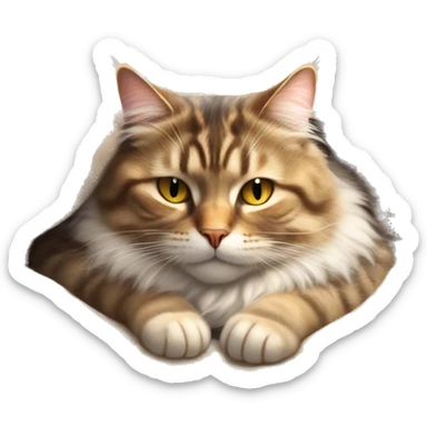 Fluffy tabby cat lounging on a cozy blanket, eyes closed and paws tucked in, basking in the sunlight like the king of relaxation. More realistic  sticker