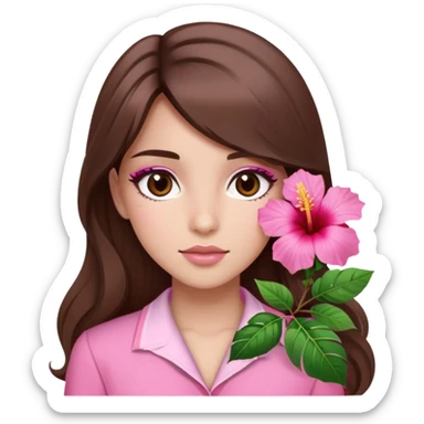 Girl with brown eyes, long brown hair with side bangs, pink clothes, light pink makeup, and pink hibiscus accessory sticker