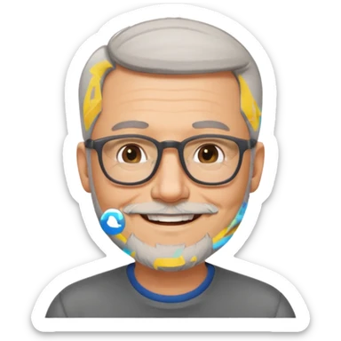 54 year old man, short shaved grey hair, beard stubble, glasses sticker