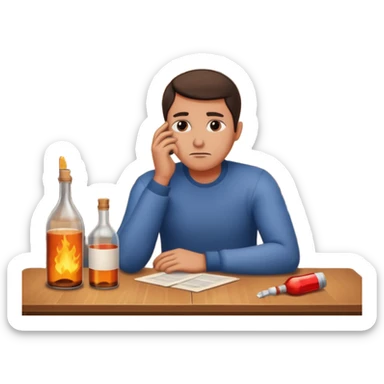 apple style emoji of a man sitting sadly at a table with a bottle on the table, a house burning behind him sticker