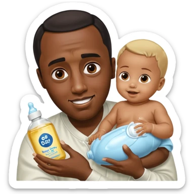 Sean “Diddy” Combs with baby oil and a very small infant and he’s pouring the baby oil on the baby and they have a scared face they’re really scared while diddy is happy sticker