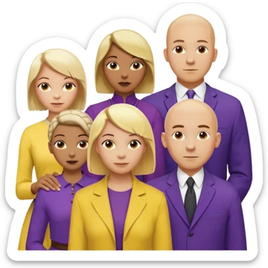 5 person team; 2 men and 3 women.  All dressed in yellow or purple.  1 caucasian woman with blonde mid length hair. 1 caucasian woman with blonde short length hair. 1 caucasian woman has ash blonde hair tied up. 1 man is African-american and bald, 1 man is caucasian and very little hair left.  
 sticker