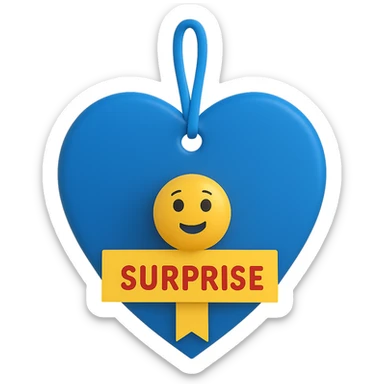 Change the heart-shaped gift tag to blue, keep the name 'Surprise' in 3D emoji style. sticker