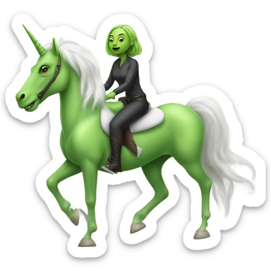 a green amazon alien woman on a four-legged white unicorn sticker