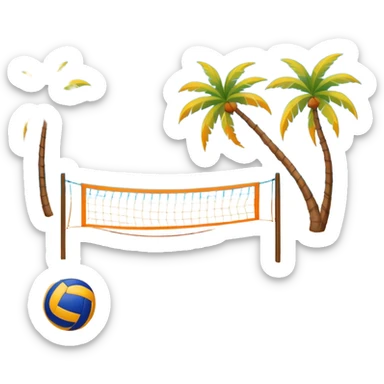 The scene captures a sunny sea beach atmosphere with clear blue sea and sky, palm trees swaying, and people in swimsuits enjoying the vibrant surroundings. A volleyball resting on the orange sand ground of a beach, with a volleyball net in the background.  sticker