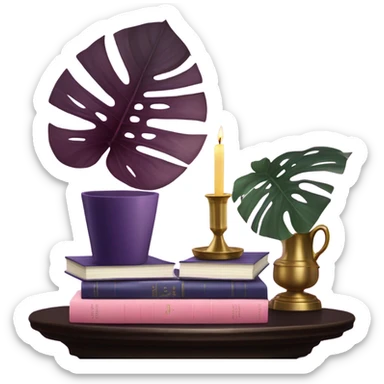 An elegant still life featuring a stack of light and dark violet books, a pink monstera plant, and a brass candle holder. sticker