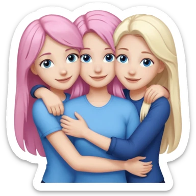four white grips hugging and smiling    2 girls with brown eyes and long dark brown hair. One girl with long light pink hair and blue eyes, one girl with blue eyes and light blonde hair sticker