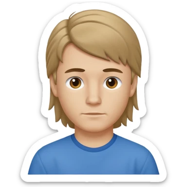boy with dark blonde hair in a mullet with a neat blue shirt sticker