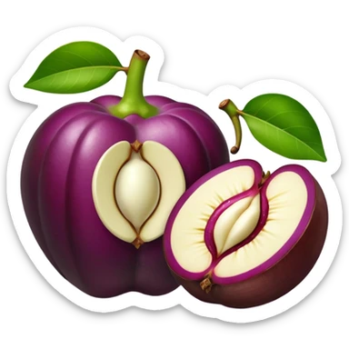 whole mangosteen with thick deep purple rind and green segmented calyx on top, next to a halved fruit revealing glossy white segmented flesh inside, soft juicy interior, firm outer shell, no leaves plate or extras, apple emoji style, soft lighting, subtle shadows, transparent background, emoji scale sticker