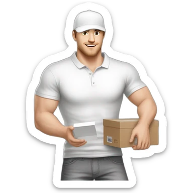 Pale skinned fit Man with dark brown hair in a white cap, gray jeans and gray polo T-shirt keeping a pasted with tape white box into his hands sticker