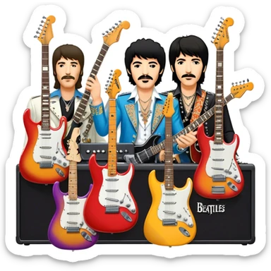 Rock music icon: collage of legendary rock stars—The Beatles, Jimi Hendrix, Elvis Presley, Queen, Nirvana, Led Zeppelin. Electric guitars, amplifiers, and microphones surrounded by vibrant stage lights and musical notes. Transparent background. sticker
