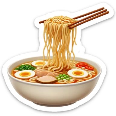 Cinematic Realistic Ramen Dish Emoji, showcasing a steaming bowl of rich broth with noodles and toppings rendered with dynamic textures and inviting, warm lighting. sticker