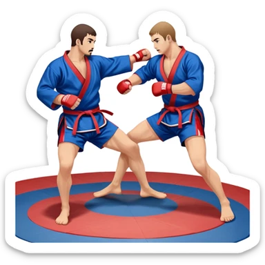 Two Sambo fighters in blue and red kimonos, with shorts and wrestling shoes, performing grappling and throwing techniques. The background shows a wrestling mat and an intense, focused atmosphere. Transparent background highlights the fluidity and skill of the sport without strikes. sticker