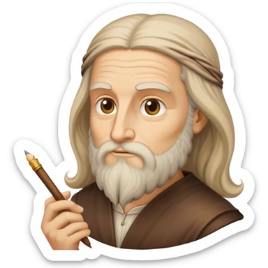 Cinematic Realistic Leonardo da Vinci Portrait Emoji, depicted as the quintessential Renaissance polymath with deep, thoughtful eyes, a flowing beard, and a quill or sketchbook in hand. The scene is illuminated with warm, classical lighting, evoking the atmosphere of a master artist’s workshop, surrounded by early sketches of inventions and masterpieces like the Mona Lisa. sticker