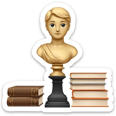 Minimalistic flat vector icon, iOS style, thin black contour on white background. Bust statue on a small pedestal next to a stack of books, symbolizing classic literature. Clean, no text, no shadows sticker