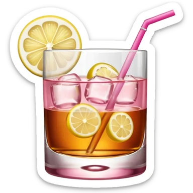 Pink drink in a whiskey glass with fruit slice sticker