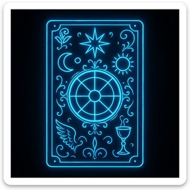 a neon blue tarot card, luminous, with ornate symbols, dark backdrop sticker