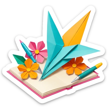 "Paper crafting icon, various paper crafts like origami, paper flowers, and scrapbooking materials, visible tools such as scissors, glue stick, and paper sheets, colorful paper patterns, minimalistic style, clean lines, transparent background." sticker