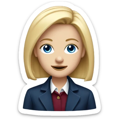 portrait of an adult girl, blue eyes, straight long bob blond hair, dark blue jacket suit, burgundy red collar under sticker