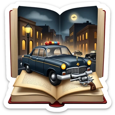 Icon for Action & Crime Reading: an open book with dramatic crime scenes—bullet holes on pages, a detective badge, a revolver and a getaway car. Surrounding elements include a flickering streetlight. Transparent background. sticker