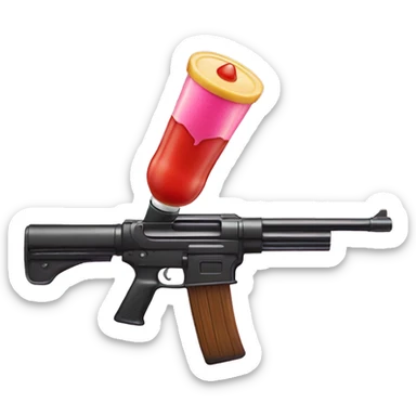 Toy gun that is shooting a pink bullet  and ketchup on it sticker