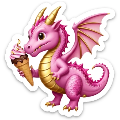 A dragon with its shiny glittered wings in pink tones and pink and gold legs, eats vanilla and chocolate ice cream sticker