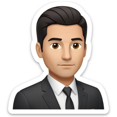 Handsome athletic Hispanic man in his late 40s with tan complexion, short black straight hair combed back with faded sides, square masculine face with defined jawline, neutral-friendly TV presenter expression, black suit jacket worn open with white button-up shirt visible sticker