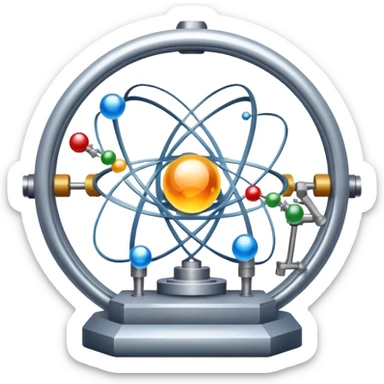 An icon featuring a large particle collider, atom symbols, and energy waves, symbolizing the field of physics. The design includes a lab setup with scientific equipment, representing experiments and fundamental forces of nature. Transparent background highlights the exploration of matter and energy. sticker