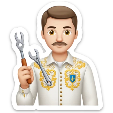 Ukrainian man in white embroidered traditional shirt holding a wrench in one hand and scissors in other hand sticker
