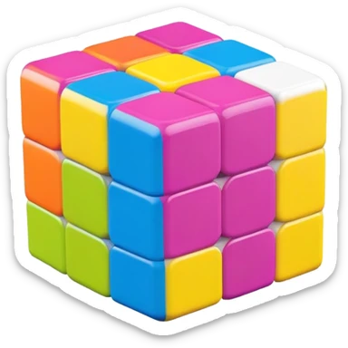 A 3x3 Rubik's Cube with candy-colored bright scheme: bubblegum pink, lemon yellow, bright blue raspberry, lime green, grape purple, tangerine orange, minimalist iOS emoji style sticker