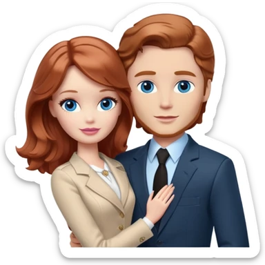 Barbie girl  , eyes blue , Chestnut red long wavy hair In pale beige clothes, Hugs a man with pale brown hair short haircut, brown eyes , and a black suit sticker